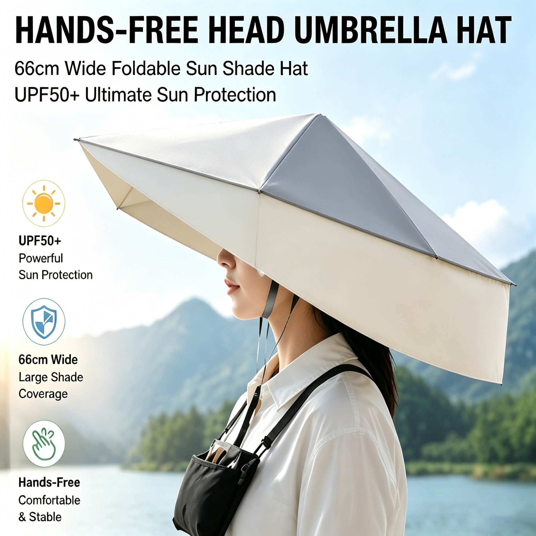 Photography Umbrella - UPF50+ 折りたたみ式ハンズフリーヘッドアンブレラハット 幅66cm 折りたたみ式日よけ帽子 釣り、園芸、写真撮影、農業、摘果用