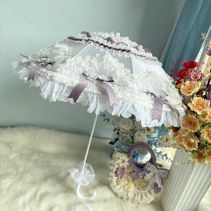 Photography Umbrella - ロリータガールハートプリンセス紫と白のレース傘ハンドヘルド織りバッグ旅行写真撮影用小道具ロ傘